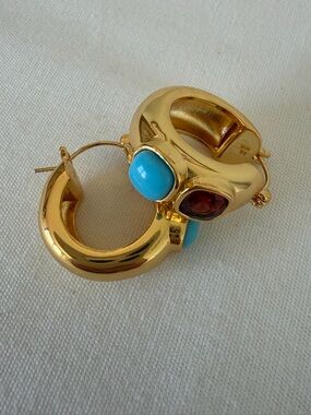 NWOT Lizzie Fortunato Piet Gold Hoop Earrings with Turquoise and Garnet Accent